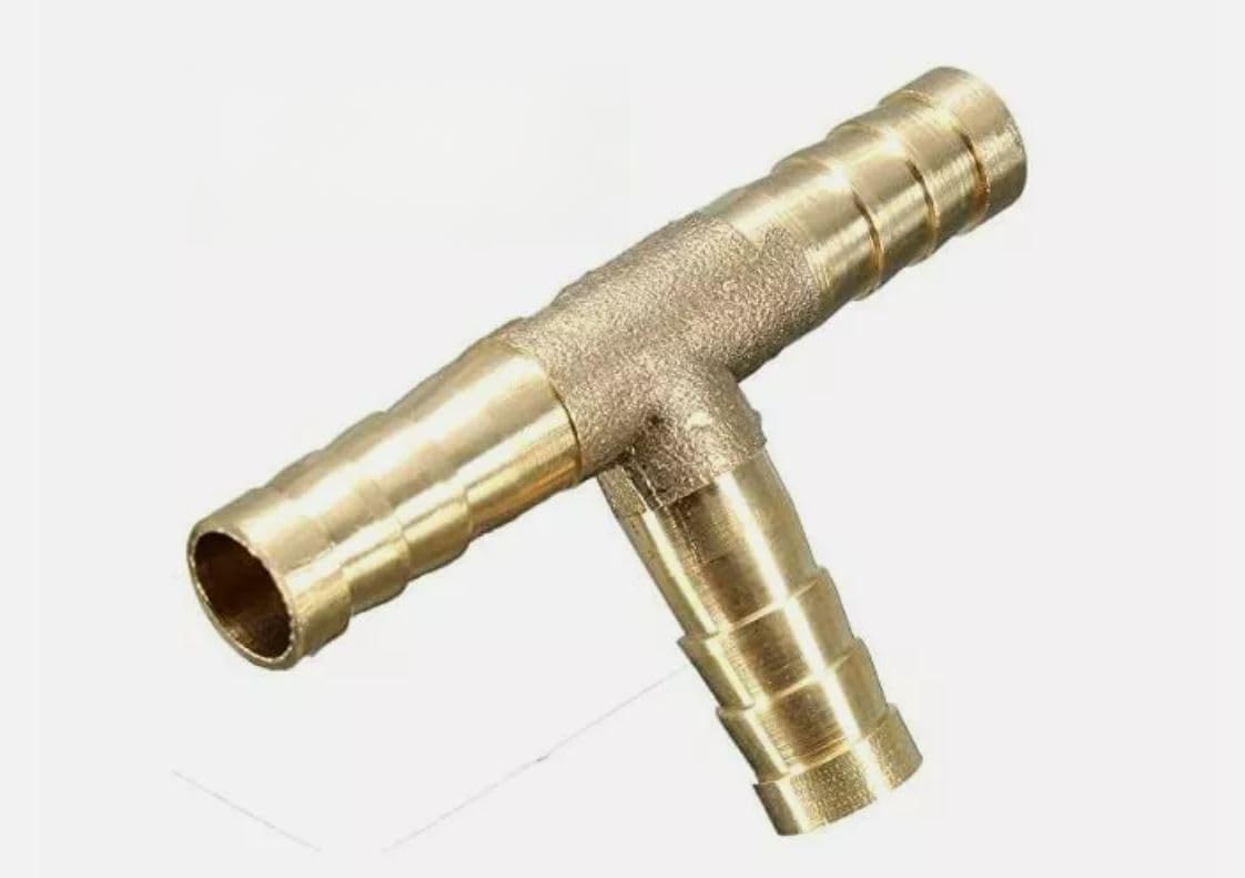 Brass T Piece Barbed 3 Way 6mm 8mm 10mm 12mm Fuel Hose Joiner Adapter Fitting (Brass, 8MM)