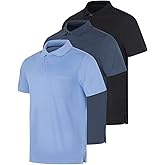 Real Essentials 3 Pack: Mens Short Sleeve Dry-Fit Collared Polo Shirt with Pocket - Active Casual (Available Big & Tall)
