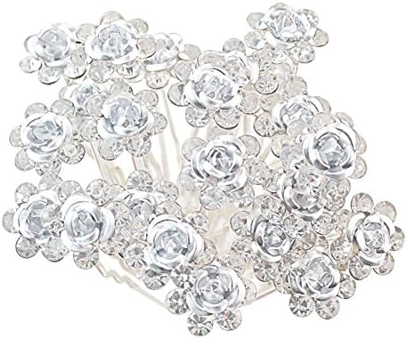 Pack of 20pcs U shape Wedding Collection Bridal Hair Pins Artificial Pearl Flower Crystal Hair Clips Hair Accessories (Silver color flower-like type hairpins)
