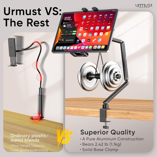 Urmust Tablet Holder Height Adjustable Aluminium Tablet Arm Holder with 360° Rotating Metal Base, iPad Holder Table Compatible with iPad Galaxy Tab Kindle & Monitor Holder from 4.7 Inch - 15.6 Inch