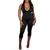 Aceilika Women Sexy Deep V Neck Sleeveless Backless Bodycon Capri Jumpsuit Halter Party Club Rompers One Piece Outfits