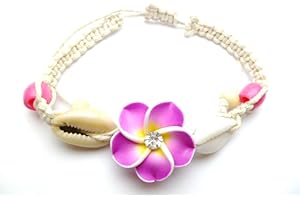 Aloha Passion Hand Made Fimo Clay Plumeria Flower w/CZ Cubic Zirconia & Cowry Cowrie Shell on Hemp Adjustable Bracelet/Anklet