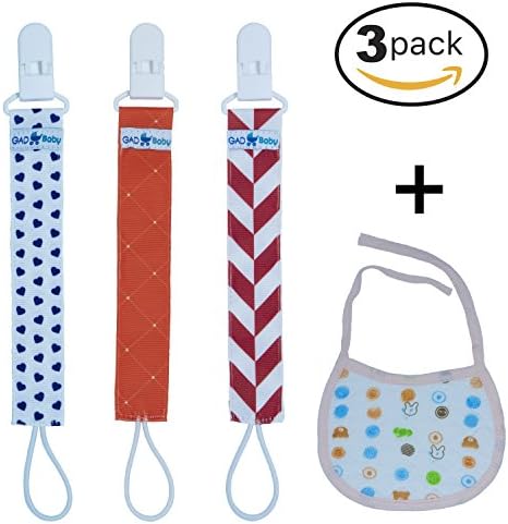 GAD Baby Pacifier Clips Set: 3-Pack Pacifier Holders + Baby Bib Gift/Cute, Colorful, Durable Baby Soother Holders w/ Safe Plastic Clips/ Top Quality Unisex Baby Accessory/Best Baby Shower Gifting Idea