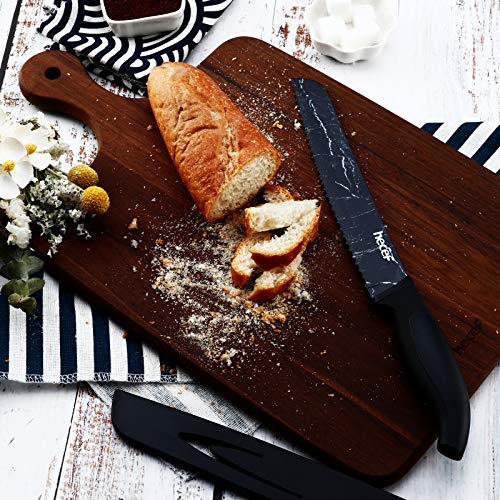 hecef Marble Pattern Kitchen Knife Set of 5, Stainless Steel Blade with Ergonomic Handle（PP+TPR Material）includes Santoku, Chef, Bread, Utility and Paring Knife