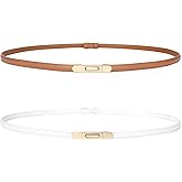 XILTAEN 2 Pack Women Genuine Leather Skinny Belt Adjustable Thin Waist Belt for Jeans Pants Dresses Coat with Gold Buckle