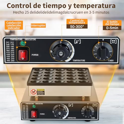 Maquina Industrial para 25 Mini Hot Cakes, Panqueques y Muffins, 900 Watts de Potencia, Perilla de Control de Temperatura y Temporizador