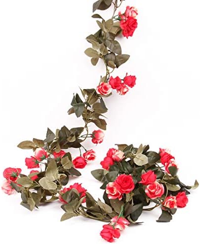 Flojery 6.8 Ft Silk Flower Vines for Wedding,Hanging Rose Garland Home Decor,Artificial Rose Vine for Party(Pack of 2)(Red)