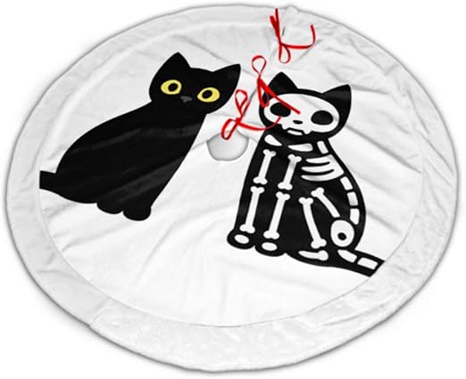 Amazon Com Christmas Tree Skirt Cartoon Black Cat Drawing Skeleton Cute 48 Inch Christmas White Fluffy Tree Skirt For Christmas Decorations For Xmas Party And Home Kitchen
