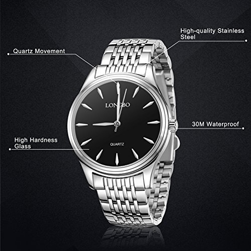 LONGBO Men\'s Women Watches Silver Stainless Steel Band Business Casual Waterproof Analogue Quartz Wristwatch Black Dial Couple Dress Watch (M, Silver-Black)