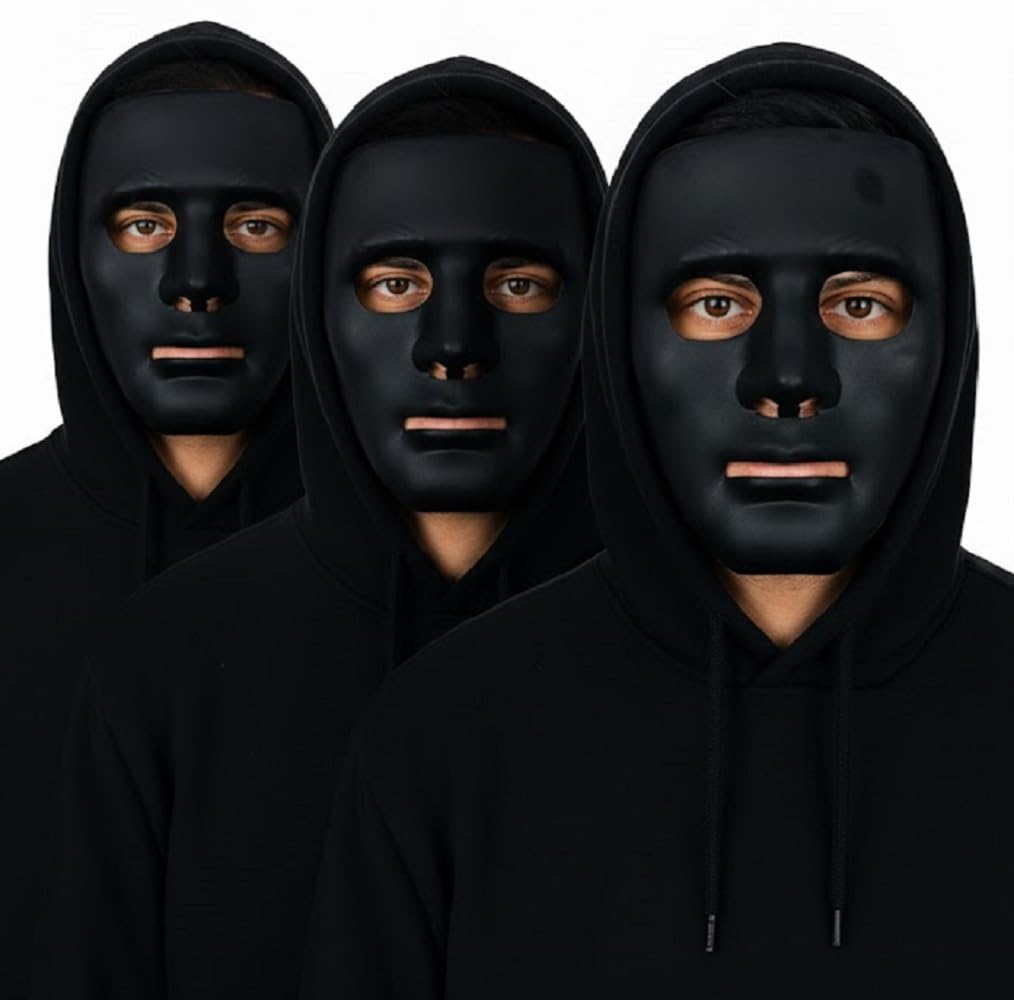 Komonee 3 x Halloween Mask Plain Black Costume Adult Outfit Scary Spooky Horror Party Face Fancy Dress Cosplay For Men Women