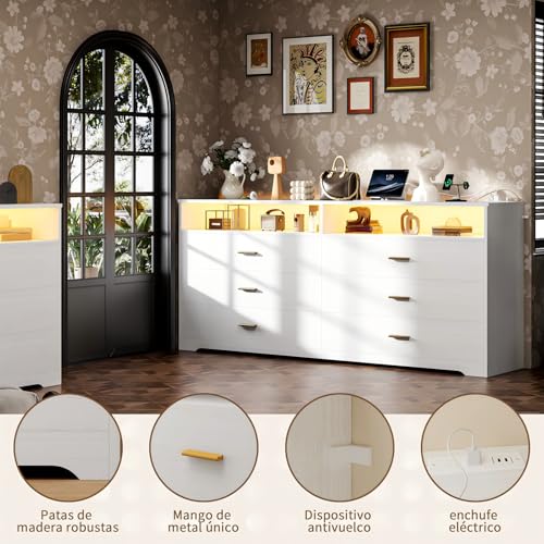 Simple Wisdom Cajonera para Recamara,Comoda Cajonera para Recamara con Toma de Corriente y Luz Led,Cajoneras de Madera,con 6 Cajones de Madera de Almacenaje y 2 Estantes Abiertos,Cajoneras.(Blanco)