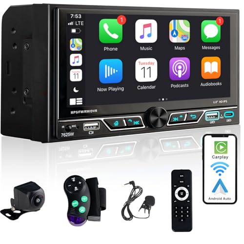 Alondy 2 Din Car Radio with 6.8 Inch Touch Screen Compatible with Wireless Apple CarPlay/Android Auto Bluetooth Rear View Camera AM/FM RDS Radio Type-C USB Quick Charge 2.1A