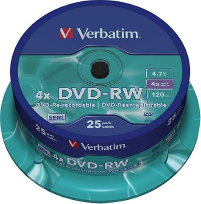 Verbatim DVD-RW 4.7GB Rewritable 4X Spindle 25 Pack Matte Silver SERL Tech