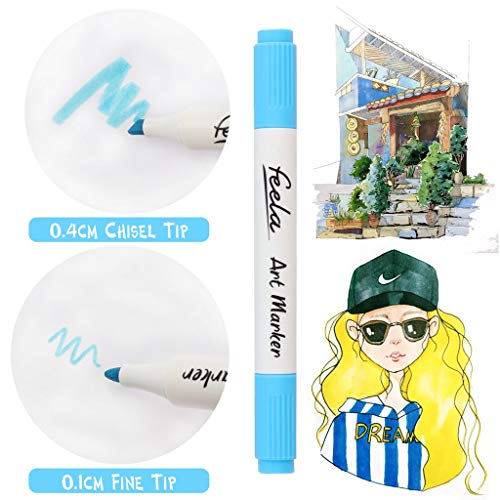 Feela 60 Colors Dual Tips Art Twin Markers, Marker Pens Highlighters with Case for Painting Coloring Sketching Highlighting