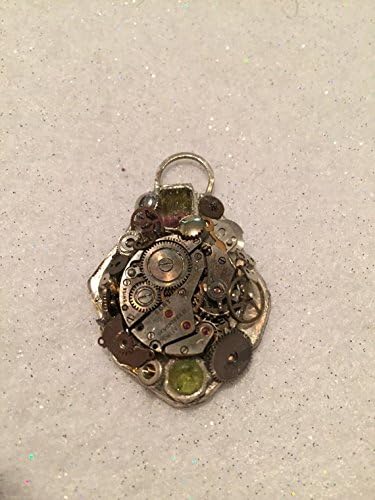watermelon tourmaline and peridot fine silver steampunk pendant