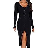 EHSUYAB Women Sexy Midi Sweater Dress Bodycon, Ribbed Knit Deep V Long Sleeve,Fall Winter Casual Outfit Holiday Party Dresses