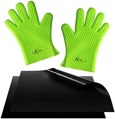 BBQ Oven Gloves &amp; Grill Mats | Pair of Each | Extreme Heat BBQ Grill Mats with Insulated Silicone Oven Mitts | One Size Fits Most | Silicone FDA Approved and BPA Free