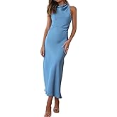Halfisland Satin High Neck Backless Sleeveless Midi Dresses for Women Elegant Mock Neck High Waist Cross Back Cocktail Dress