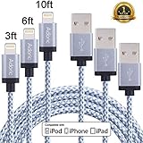 Adoric Lightning Charger, 3Pack 3FT 6FT 10FT Extra Long Nylon Braided Sync iPhone Cord with Aluminum Connector for iPhone 7/7 Plus/6s/6s Plus/6/6Plus/5s/5c/5, iPad/iPod Models (White)