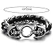 Stainless Steel Mens Skull Curb Chain Bracelet Interwoven with Black Genuine Braided Leather