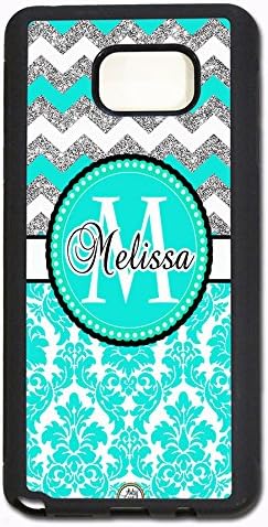 ArtsyCase Turquoise Damask Silver Chevron Monogram Personalized Name Phone Case - Samsung Galaxy Note 5 (Black)
