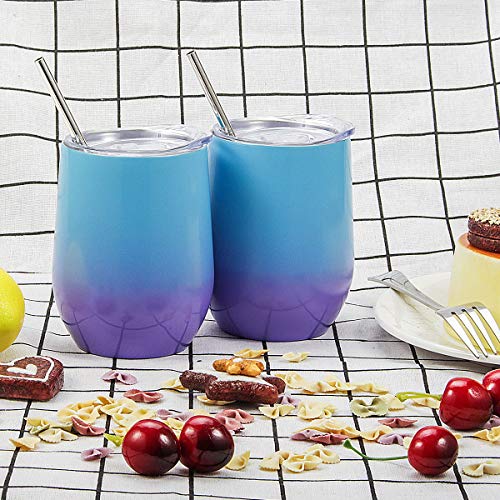 Fungun 12 oz Stemless Wine Tumbler, Stainless Steel Wine Glass, Insulated Tumbler with Lids for Wine, Coffee, Drinks, Cocktails, 2 Sets Including 2 Pieces Straws and Brush (Colorful2) - Thumbnail 6