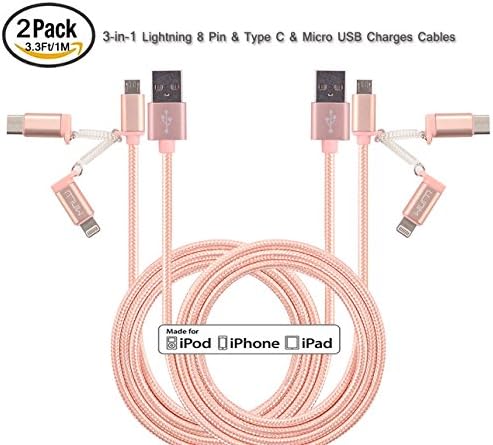 MINLU (TM) 2Pack 3.3Ft Lightning to Micro USB &amp; Type C Charging and Sync 3-in-1 Cable for iPhone, iPad, iPod Touch/Nano, Android, Samsung /HTC/blackberry/ Motorola/Sony/New Macbook/N1/6P/5X (Pind)