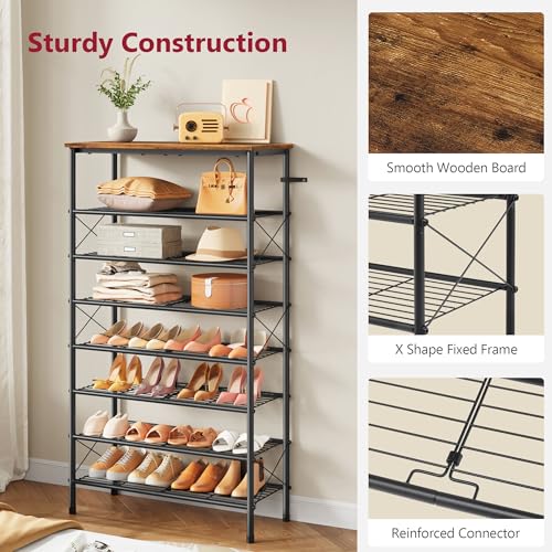 Tajsoon 8 Tier Free Standing Shoe Rack for 28-32 Pairs, X Shape Fixed Frame Metal Mesh Shoe Rack for Closet, Rustic Brown & Black