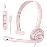 NUBWO HW02 USB Headset with Microphone Noise Cancelling ∈-line Control, Ultra Comfort Computer Headphones for Laptop pc, On-Ear Wired Office Call Center Headset for Boom Skype Webinars (Pink)