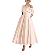 Xuzey Tea Length Satin Mother of The Bride Dresses for Women One Shoulder Formal Evening Gown with Pocket Wedding Guest
