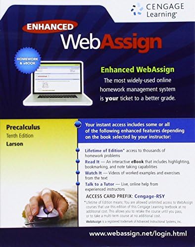 WebAssign Printed Access Card for Larson's Precalculus, 10th Edition, Single-Term Printed Access Code – 1 Jan 2017