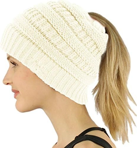 COCO LEE Chic White Knit Hat Cable Beanie Stretch Chunky Winter Bun Ponytail Beanie Tail Womens Ponytail Messy Bun Beanie Solid Ribbed Hat Cap for Women Girls