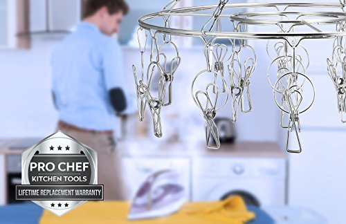 Pro Chef Kitchen Tools Clothes Drying Rack - Round Clothing Racks - Laundry Portable Clothesline Includes 18 Metal Clothespins Hanger Clips Set - Baby Clothes Storage Closet - Herb Hanging Air Dryer