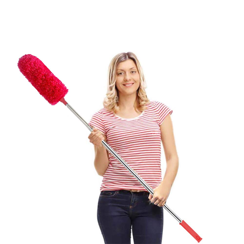 Feather Duster, Extendable Duster Microfiber Long Extension Pole Scratch Resistant Cover, Washable, Cleaning High Ceiling Fans, Blinds, Cobweb (Red)