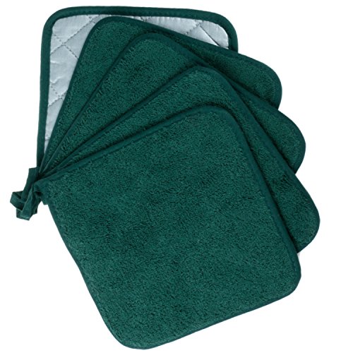 100% Cotton Kitchen Everyday Basic Terry Pot holder Heat Resistant Coaster Potholder for Cooking and Baking Set of 5 Forest Green