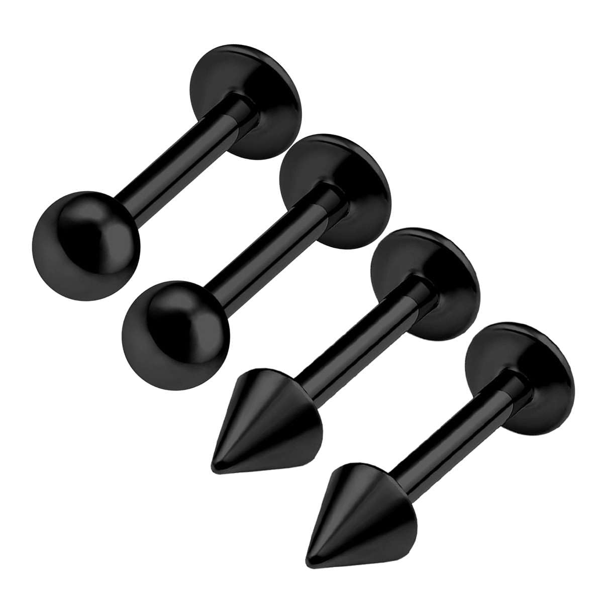 KJM FASHION 4PCS Stainless Steel Black Lip Labret 16 gauge 1/4 6mm 3mm Ball Spike Medusa Lobe Earrings Cartilage Piercing Jewellery 0359