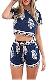 Finejo Vintage Style Women 2 Pcs Leaf Pattern Bohemian Crop Tops+Shorts Set