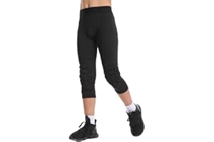 Hotfiary Youth Boys Compression Pants with Knee Pads for Basketball 3/4 Padded Football Leggings Sports Athletic Tights