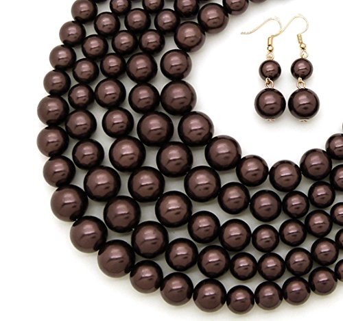 Women's Simulated Faux Pearl Five Multi-Strand Statement Necklace and Earrings Set (Dark Brown)