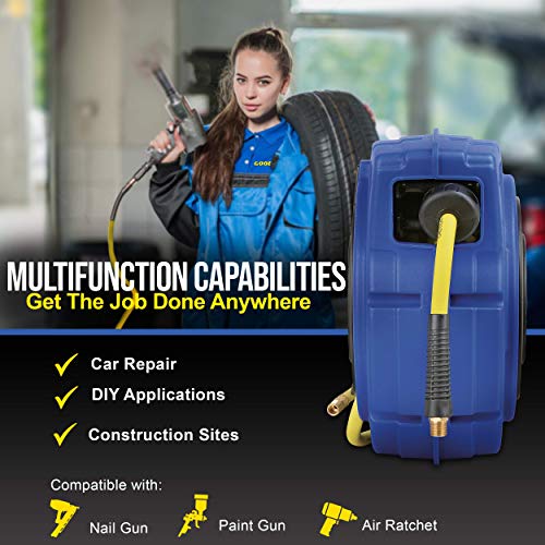 Goodyear Air Hose Reel Retractable 3/8" Inch x 50' Foot Hybrid Polymer Hose Max 300PSI