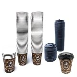 100 Pack Quality Disposable Paper Hot Coffee Cups with Lids, Perfect For Hot Drinks Tea & Coffee , Coffee Shops And Bars (8 oz, Coffee Bean Design)