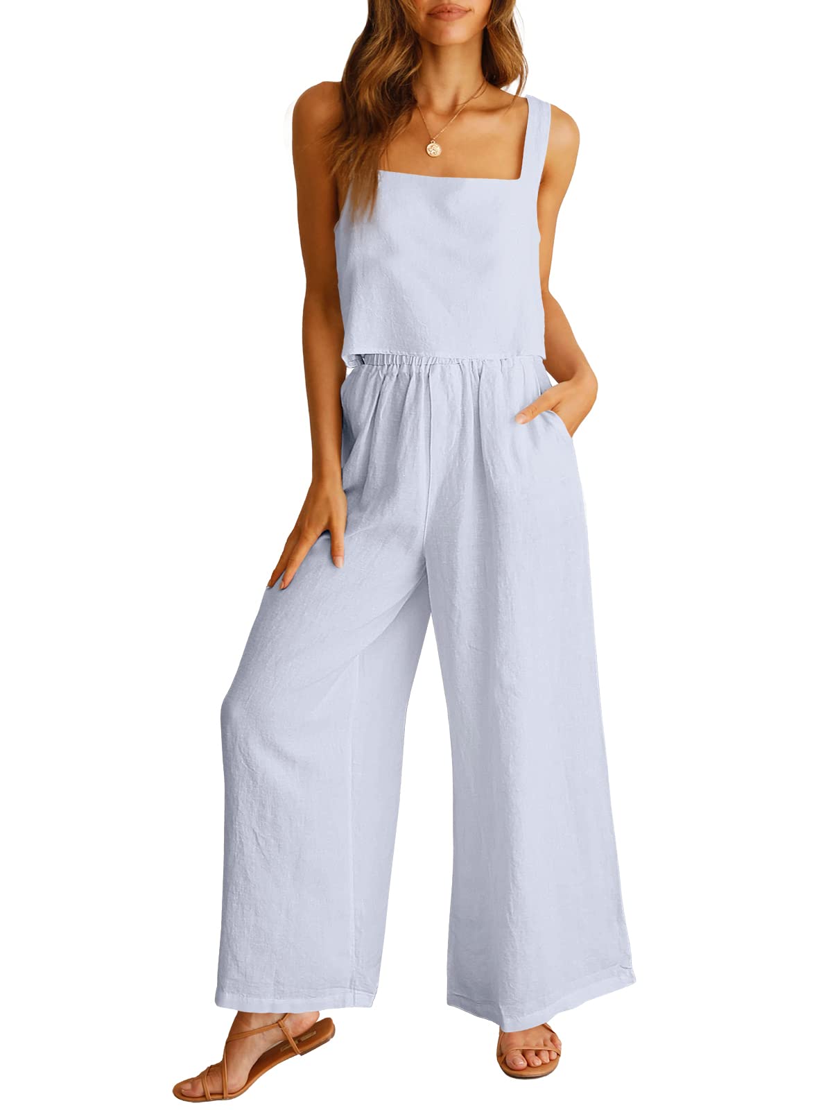 Photo 1 of ANRABESS Women's 2 Piece Outfits Linen Pants Jumpsuit Matching Lounge Set Casual Summer Beach Vacation Trendy Clothes Blue Medium