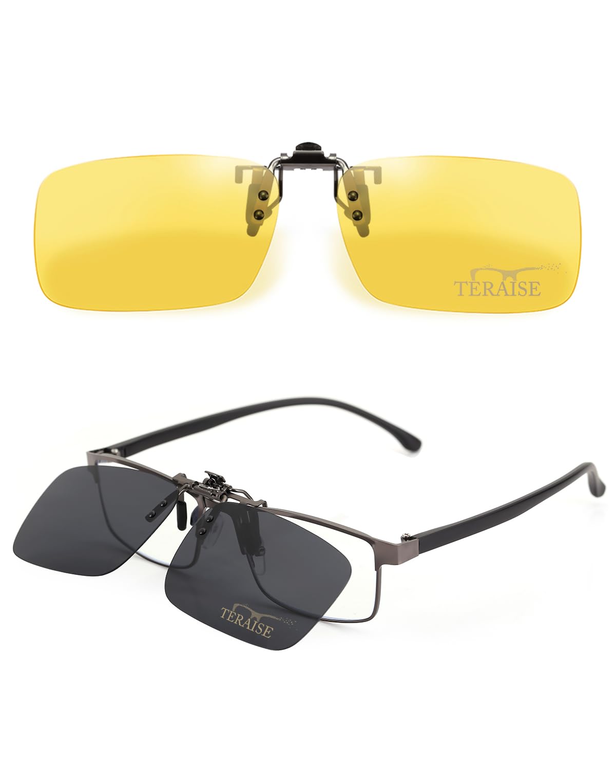 TERAISE Clip on Sunglasses for Men Women,Polarized Yellow Night Vision Glasses Clip On, UV400 Anti-Glare, Flip-Up for Driving Cycling Hiking Fit Over Prescription Glasses(Flip-up Black-yellow)