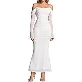 KUTUMAI Off Shoulder Long Sleeve Maxi Dress Corset Bodycon Ruched Cocktail Formal Wedding Guest Dresses for Women