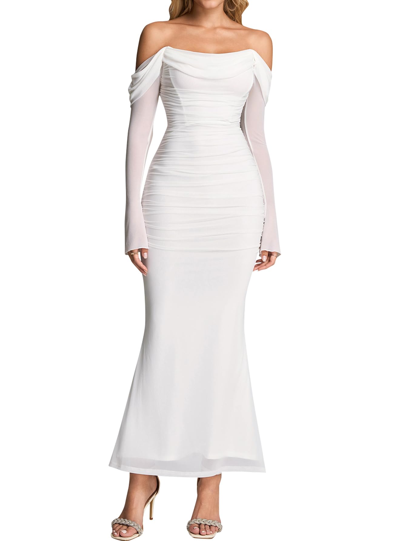 Photo 1 of KUTUMAI Off Shoulder Long Sleeve Maxi Dress Corset Bodycon Ruched Cocktail Formal Wedding Guest Dresses for Women White M