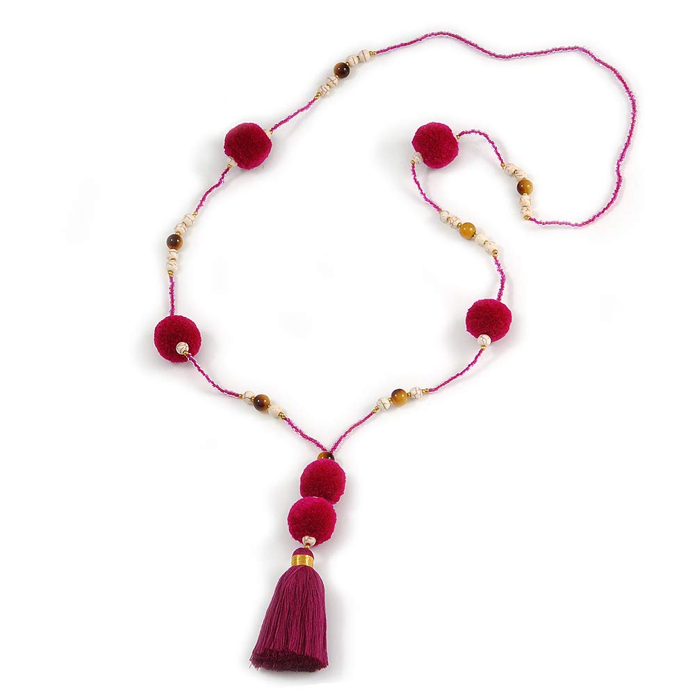 Avalaya Long Fuchsia/Purple Glass Bead Pom Pom Tassel Necklace/ 88cm L/ 10cm Tassel