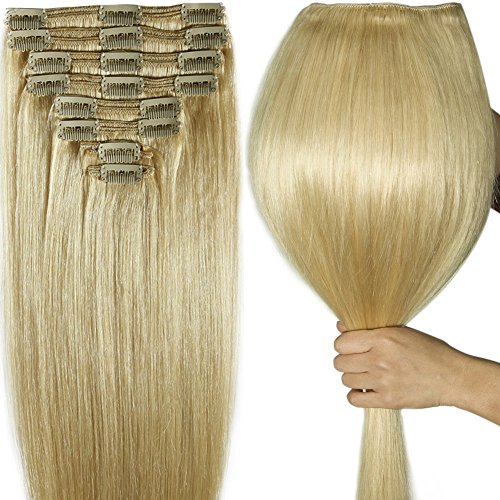 s-noilite 10"-22" Thick Double Weft 130-160g Grade 7A 100% Clip in Remy Human Hair Extensions Full Head 8 Piece (14"-120g #613 Bleach Blonde)