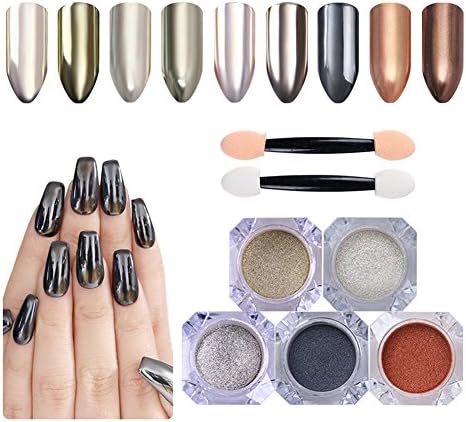 BONNIESTORE 5 Boxes Mirror Nail Powder Rose Gold Champagne Silver Gold Chrome Pigment Manicure Nail Glitter Dust with 8 PCS Eyeshadow Brush Makeup Brush Kit Replacement