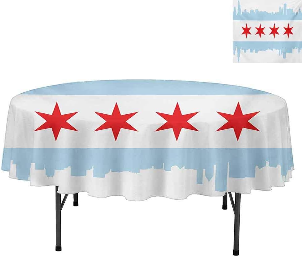 Aishare Store Round Waterproof Tablecloth, City of Chicago Flag with High Rise Buildings Scenery Na, Round Table Linens for Wedding Party, Round 60", Red White Baby Blue
