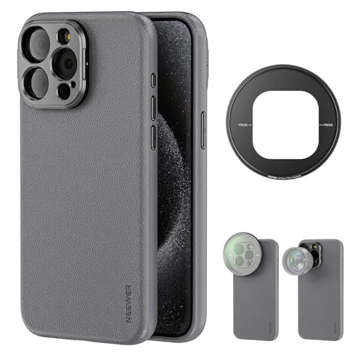 Neewer Phone Case for 15 Pro Max, TPU + PC Protective Heavy Duty Case with 17mm Lens Backplate, 67mm Filter Adapter, Nonslip Faux Leather, Compatible with MagSafe, PA054 Gray/Black